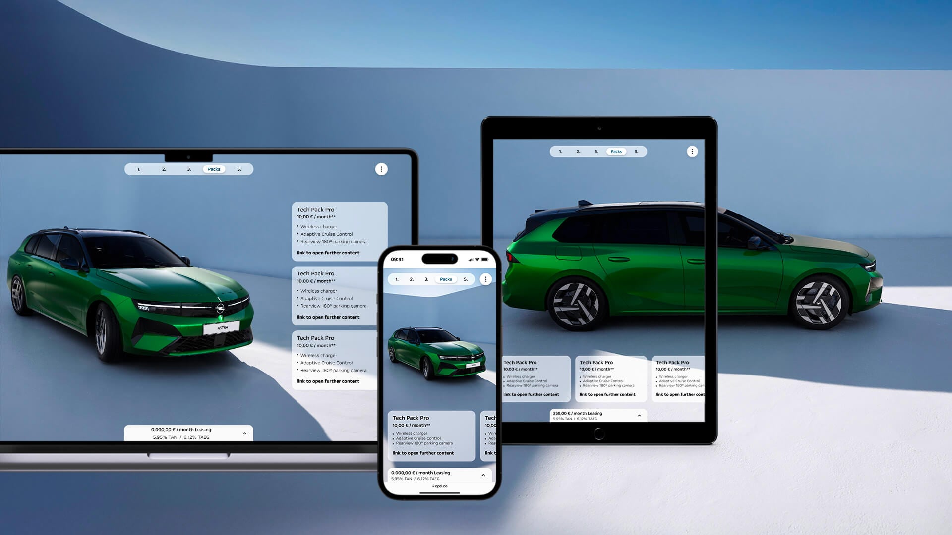 Interfaccia ordine online di una Opel Astra Sports Tourer verde visualizzata su Macbook, Iphone e Ipad