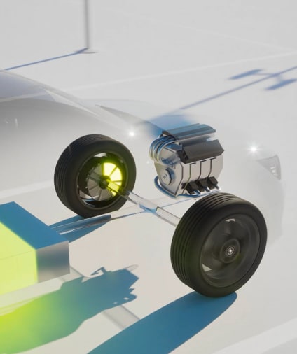 La parte anteriore di un veicolo elettrico Opel trasparente con solo la batteria e le ruote visibili